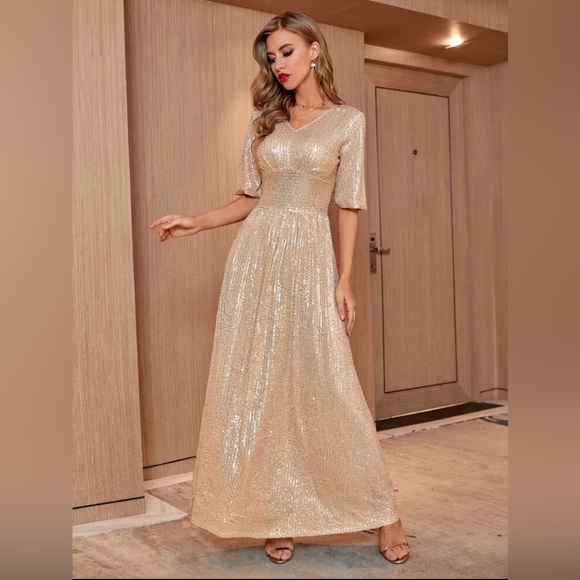 Shein Tiered A-Line Sequin V-Neck Maxi Dress size 4 - Picture 3 of 12